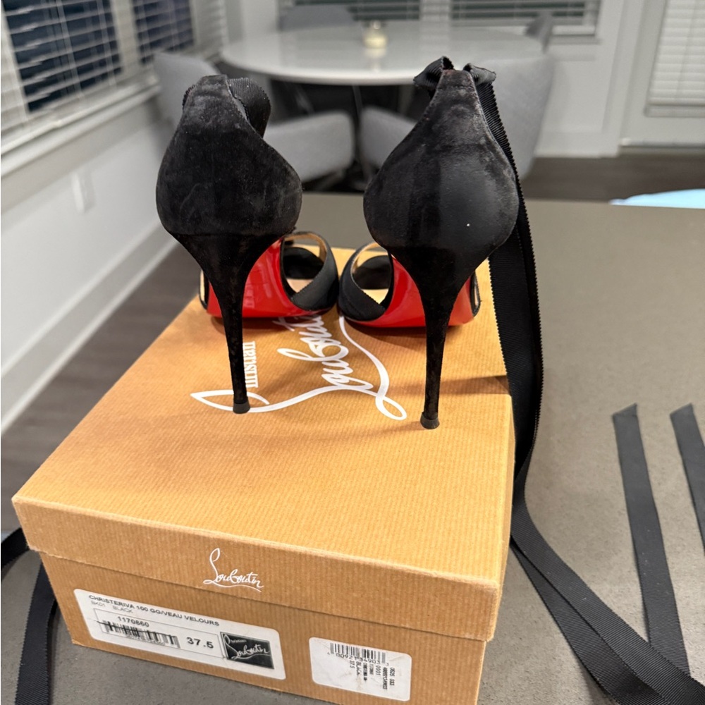 Christian Louboutin Black Peep-Toe ribbon-strapped Heels - Picture 2 of 13